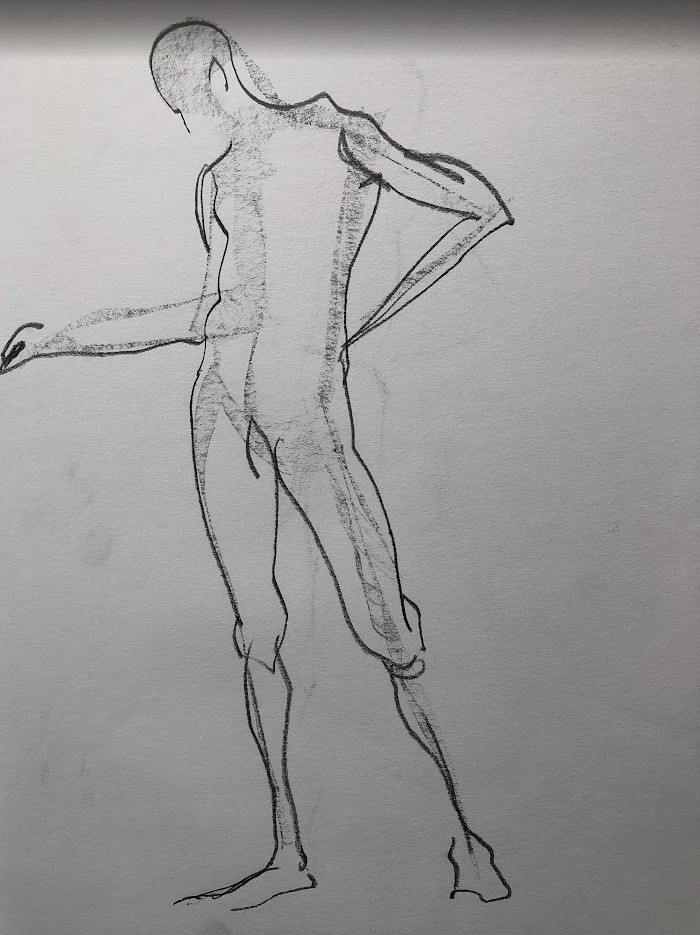 En krokitegning av en mann; en stående akt.