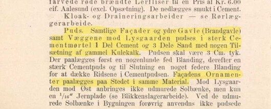 Arkitekt Christian Fürst (1860- 1910) ville at ornamenter skulle "paalægges paa Stedet i samme Material." Skjermdump fra anbudsbeskrivelse "Aalesunds høiere off. Almenskoles nye Bygning. Anbud No. 2.", 2026