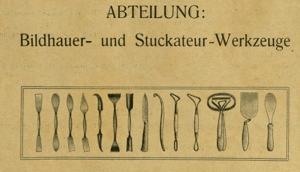Fra katalog No. 24 fra G. Brucklacher, Berlin, anno 1913. Verktøy for for stukkatører og billedhoggere. Skjermdump 2026.